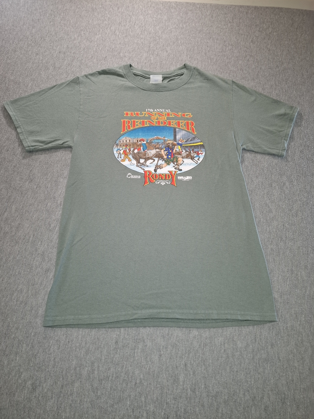 Fur Rhondy 1990s Vintage  Sage Green Reindeer Graphic Tee